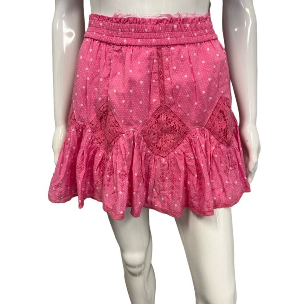 LOVESHACKFANCY Pink Adia Cotton Distressed Lace Polka Dot Ruffle Mini Skirt XS